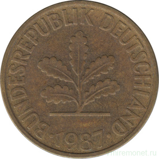 Монета. ФРГ. 10 пфеннигов 1987 год. Монетный двор - Карлсруэ (G).