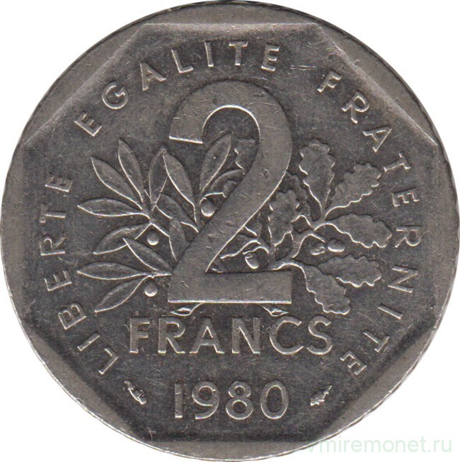 Монета. Франция. 2 франка 1980 год.