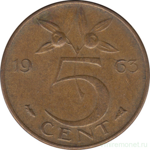 Монета. Нидерланды. 5 центов 1963 год.