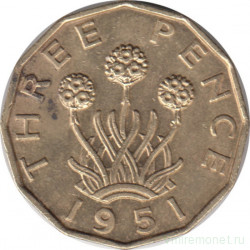 Монета. Великобритания. 3 пенса 1951 год.