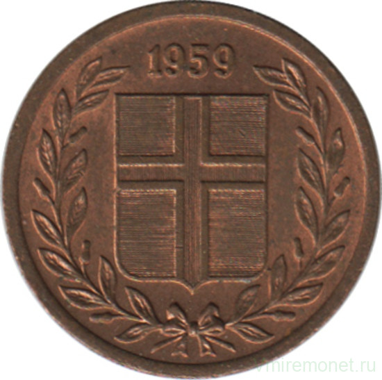 Монета. Исландия. 1 аурар 1959 год.