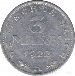 Монета. Германия. 3 марки 1922 год. Монетный двор - Берлин (A).