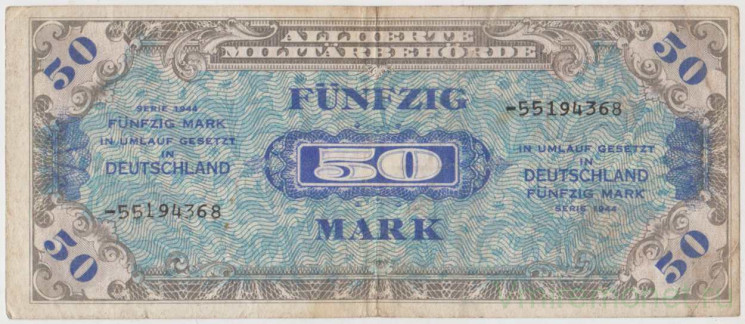 Банкнота. Германия. Третий рейх. Оккупация союзников. 50 марок 1944 год. ав. Банкнота. Германия. Третий рейх. Оккупация союзников. 50 марок 1944. (9 цифр). Тип 196b.