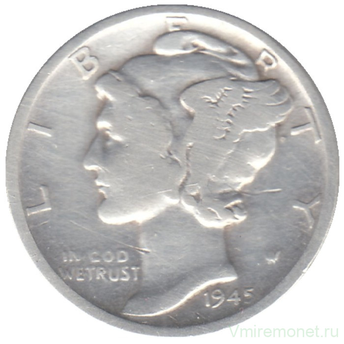 Монета. США. 10 центов 1945 год. Монетный двор S. Монета. США. 10 центов 1945 год. Монетный двор S.