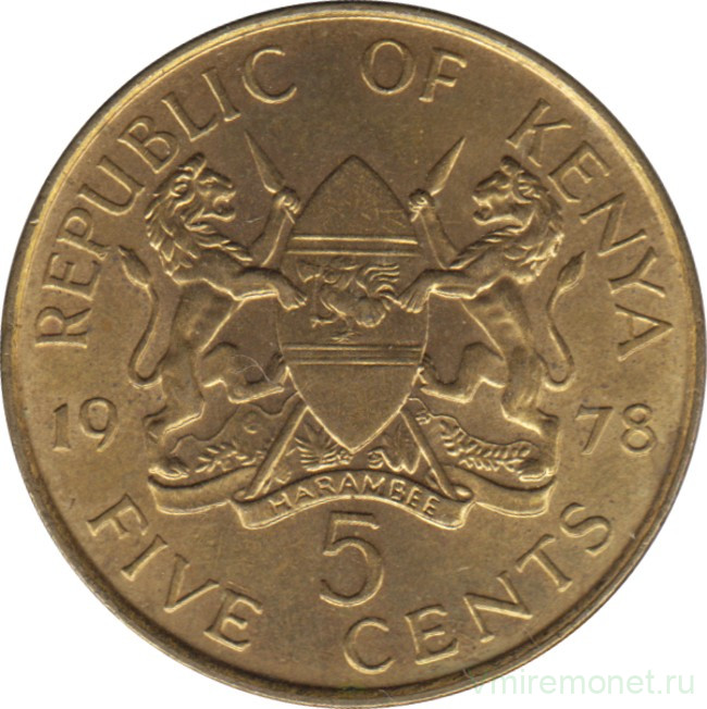 Монета. Кения. 5 центов 1978 год. Старый тип.