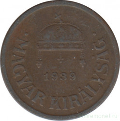 Монета. Венгрия. 2 филлера 1939 год.