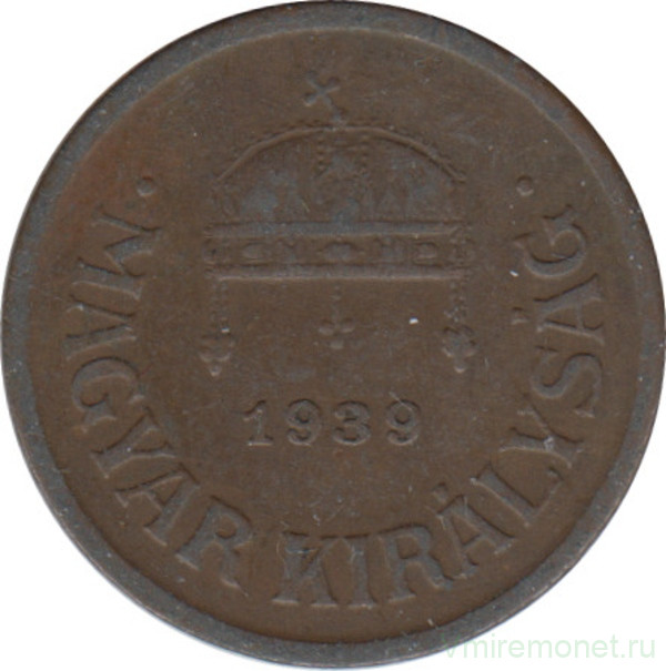 Монета. Венгрия. 2 филлера 1939 год.