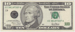 Банкнота. США. 10 долларов 2001 год. Тип 511.  Банкнота. США. 10 долларов 2001 год. Тип 511.
