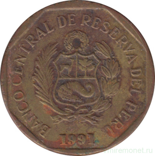 Монета. Перу. 5 сентимо 1991 год.