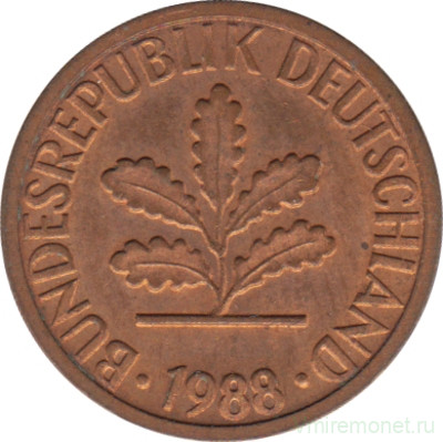 Монета. ФРГ. 1 пфенниг 1988 год. Монетный двор - Штутгарт (F).