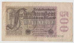 Банкнота. Германия. Веймарская республика. 500 миллионов марок 1923 год. Водяной знак - чертополох. Серийный номер - буква , семь цифр (зелёный).