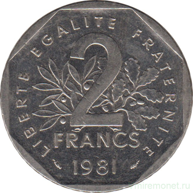 Монета. Франция. 2 франка 1981 год.