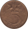 Монета. Нидерланды. 5 центов 1964 год. ав.