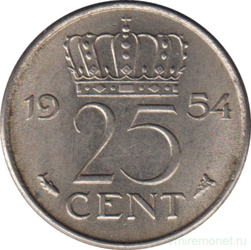Монета. Нидерланды. 25 центов 1954 год.