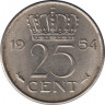 Монета. Нидерланды. 25 центов 1954 год. ав.