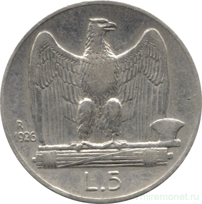 Монета. Италия. 5 лир 1926 год.