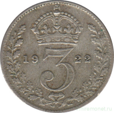 Монета. Великобритания. 3 пенса 1922 год.