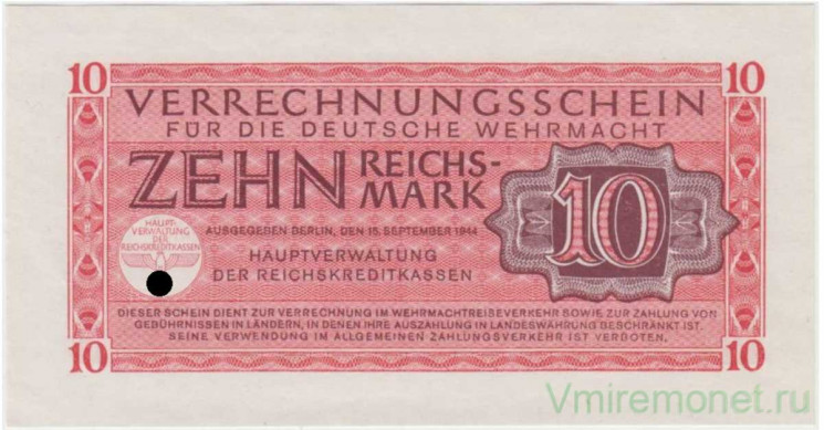 Банкнота. Германия. Третий рейх. Немецкий Вермахт. Клиринговая банкнота. 10 рейхсмарок 1944 год. Тип М40.