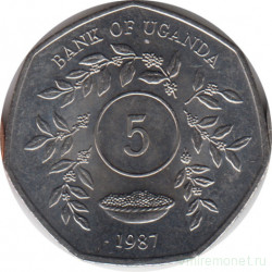 Монета. Уганда. 5 шиллингов 1987 год.
