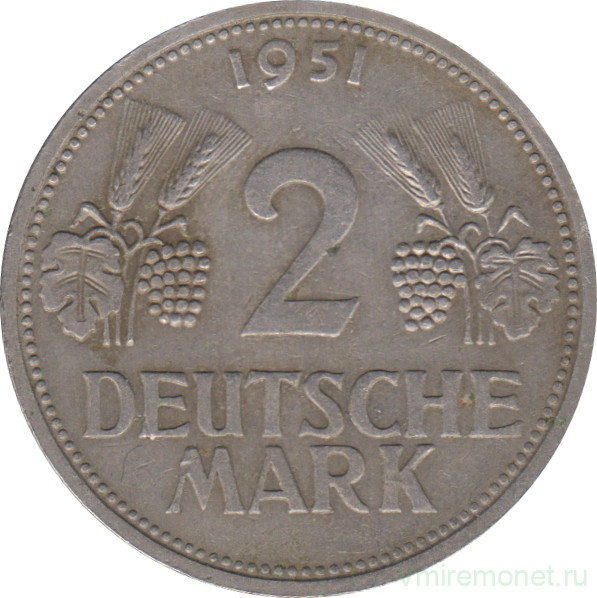 Монета. ФРГ. 2 марки 1951 год. (F).