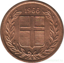 Монета. Исландия. 1 аурар 1966 год.