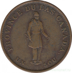 Монета. Канада. Токен провинции Нижняя Канада. ½ пенни (1 су) 1837 год. "City Bank" на ленте.