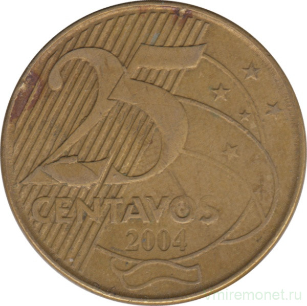 Монета. Бразилия. 25 сентаво 2004 год.