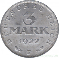 Монета. Германия. 3 марки 1922 год. Монетный двор - Штутгарт (F).
