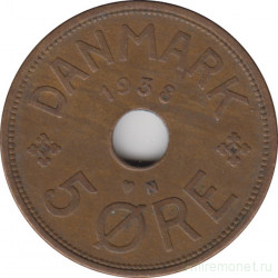 Монета. Дания. 5 эре 1938 год.