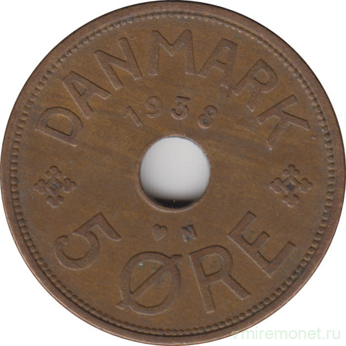 Монета. Дания. 5 эре 1938 год.