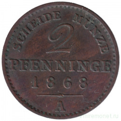 Монета. Германия. Пруссия. 2 пфеннига 1868 год.