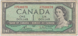Банкнота. Канада. 1 доллар 1954 год. Тип 75c.