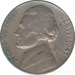 Монета. США. 5 центов 1947 год. Монетный двор S.