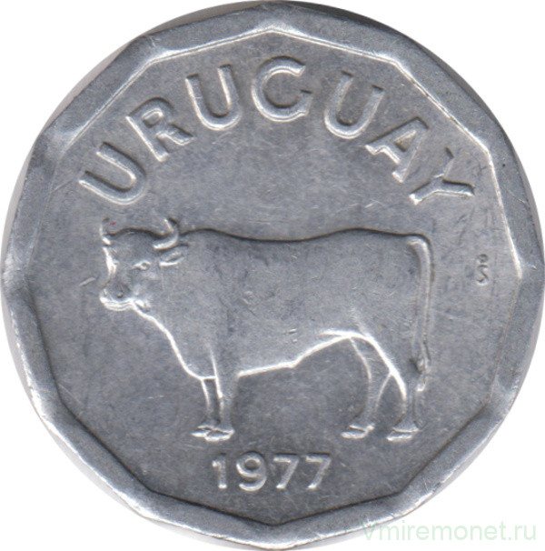 Монета. Уругвай. 5 сентесимо 1977 год.