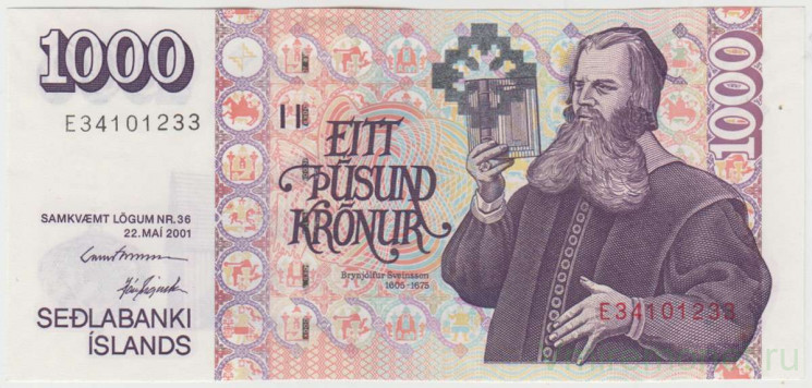 Банкнота. Исландия. 1000 крон 2001 год. Две подписи. Тип B.