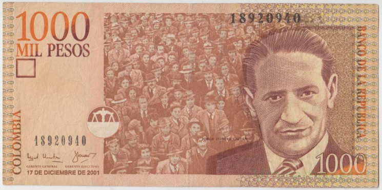 Банкнота. Колумбия. 1000 песо 2001 год. Тип 450c.