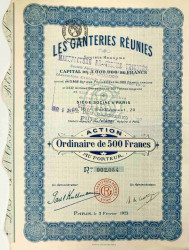 Акция. Франция. Париж. АО "LES GANTERIES RÉUNIES". Акция обычная на предъявителя в 500 франков 1923 год.