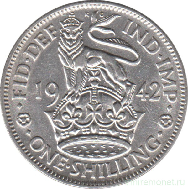 Монета. Великобритания. 1 шиллинг (12 пенсов) 1942 год. Английский.