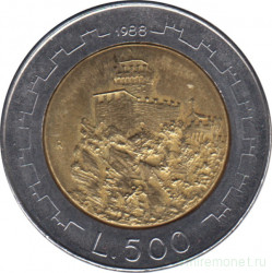 Монета. Сан-Марино. 500 лир 1988 год. Укрепления Сан-Марино.
