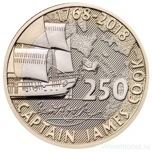 Монета. Великобритания. 2 фунта 2018 год. 250 лет экспедиции капитана Джеймса Кука, в буклете.