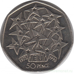 Монета. Великобритания. 50 пенсов 1998 год. 25 лет вступления в Европейское Экономическое Сообщество.