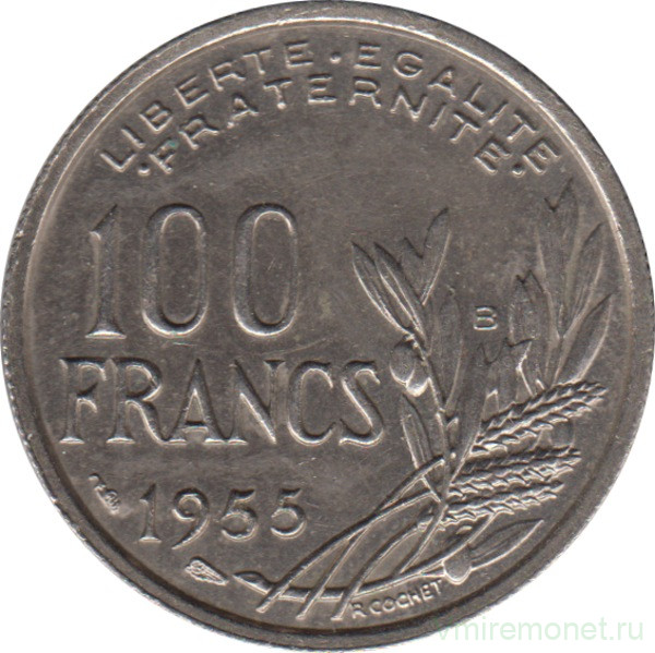 Монета. Франция. 100 франков 1955 год. Монетный двор - Бомон-ле-Роже (B).