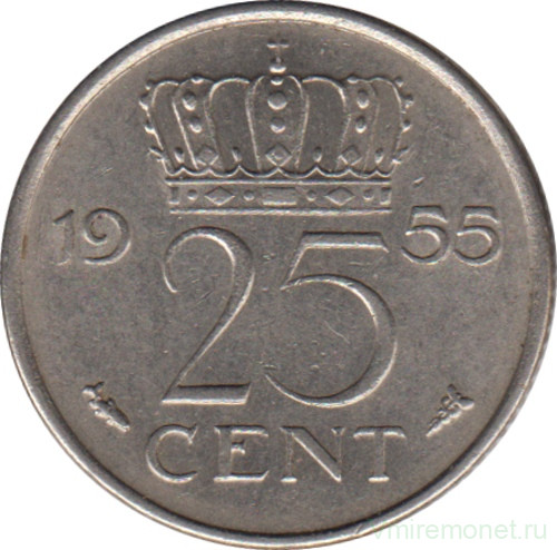 Монета. Нидерланды. 25 центов 1955 год.
