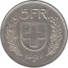 Монета. Швейцария. 5 франков 1951 год. ав.