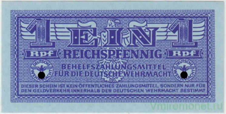 Банкнота. Германия. Третий рейх. Немецкий Вермахт. Вспомогательный платежный сертификат. 1 пфенниг 1942 год. Тип М32.