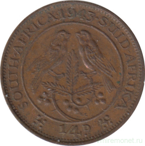 Монета. Южно-Африканская республика (ЮАР). 1/4 пенни 1943 год.