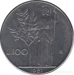 Монета. Италия. 100 лир 1981 год.