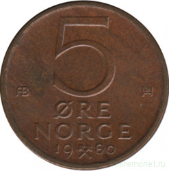 Монета. Норвегия. 5 эре 1980 год. (без звезды)