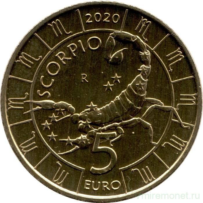 Монета. Сан-Марино. 5 евро 2020 год. Скорпион. Знаки зодиака.