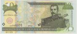 Банкнота. Доминиканская республика. 10 песо 2000 год. Образец. Тип 159.
